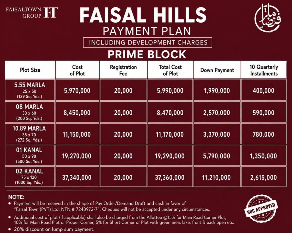 faisal hills prime block payment plan